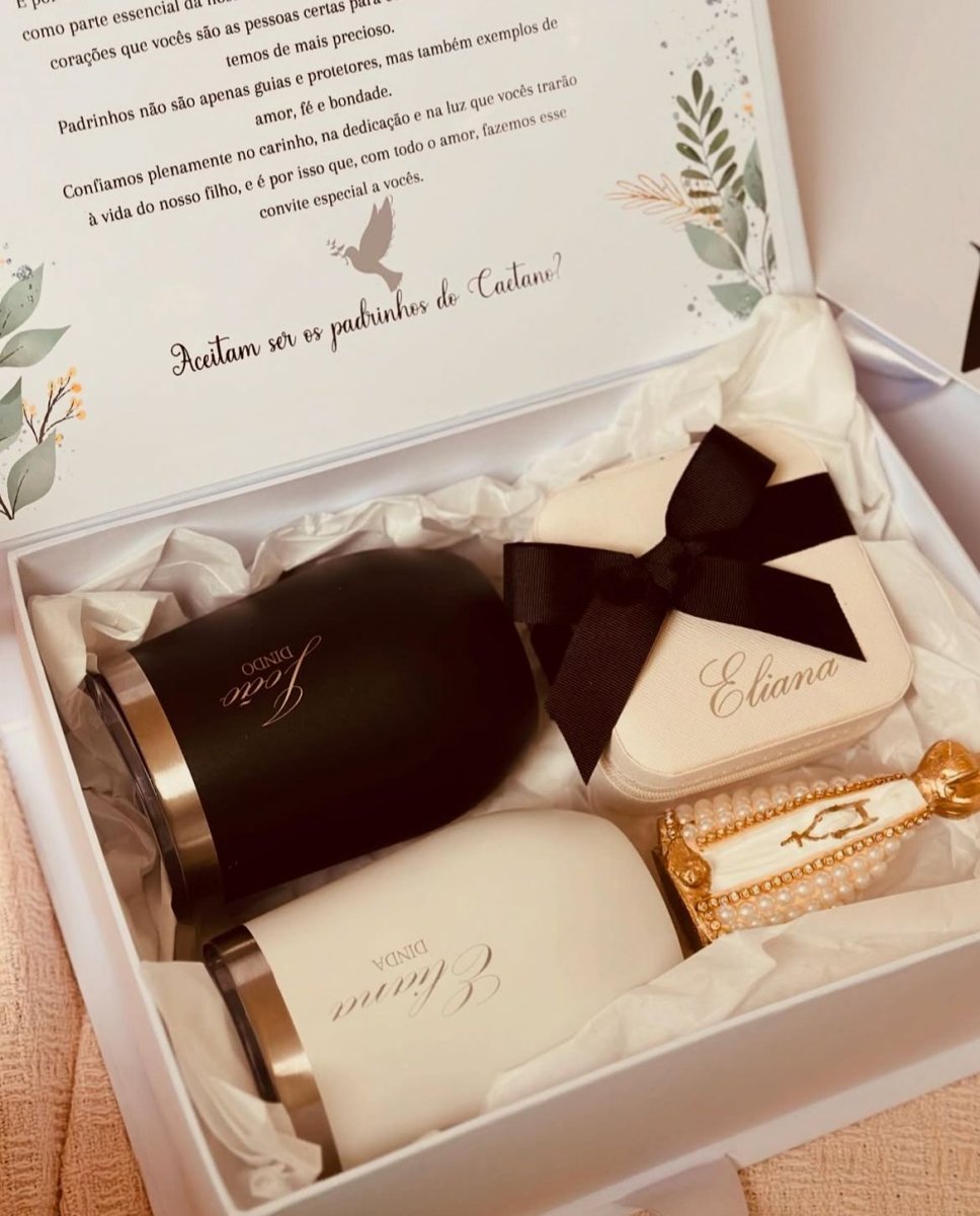 Kit Convite com Dois Copos Térmicos + Porta-joias + Santa + Porta Retrato