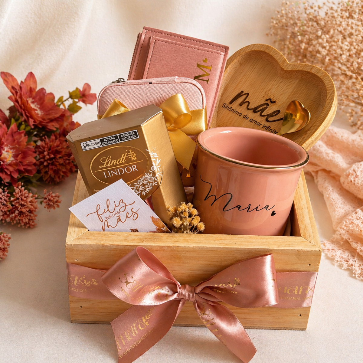Kit Caneca rosa com borda dourada + Bombons Lindt