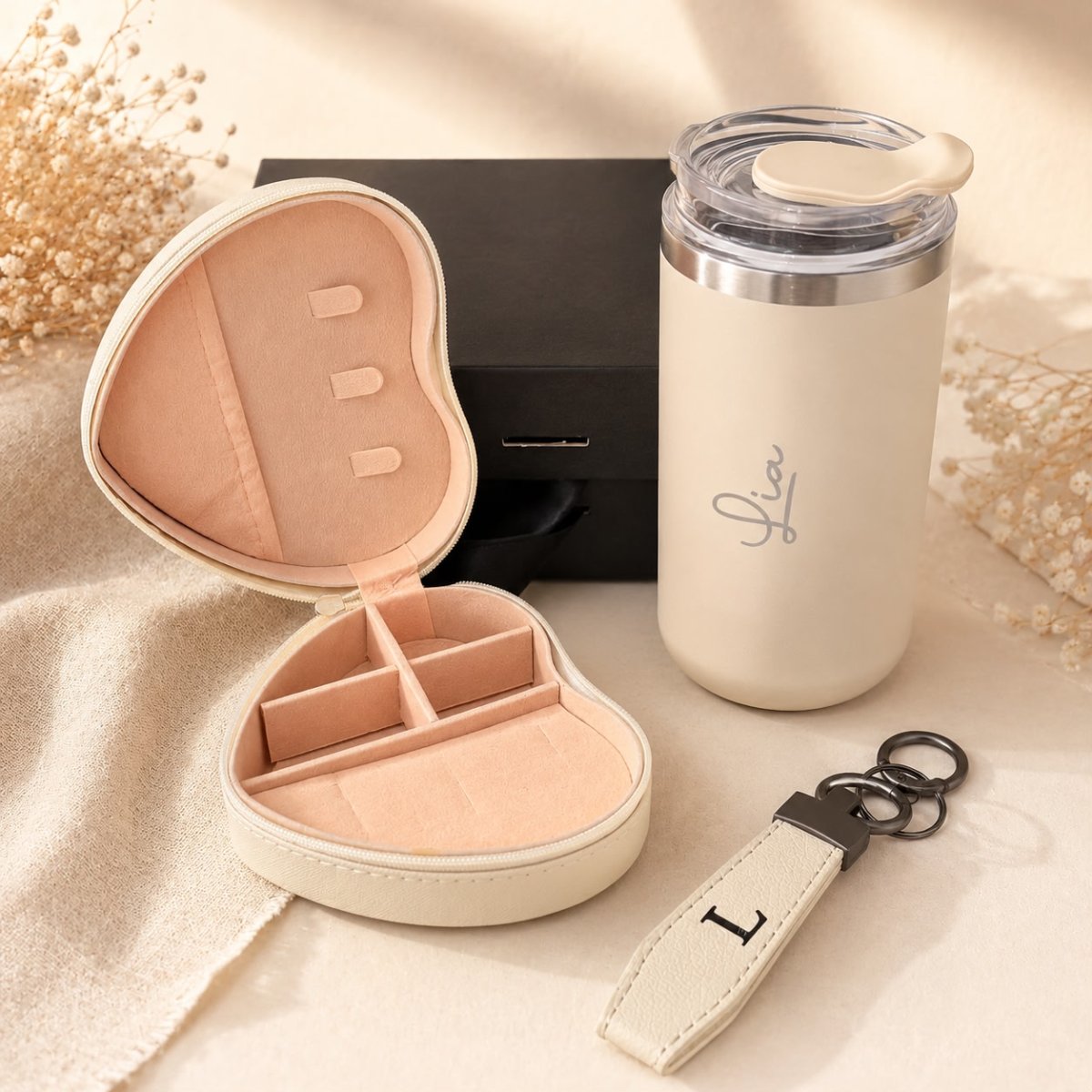 Kit Copo Térmico + Porta-Joias de Coração + Chaveiro