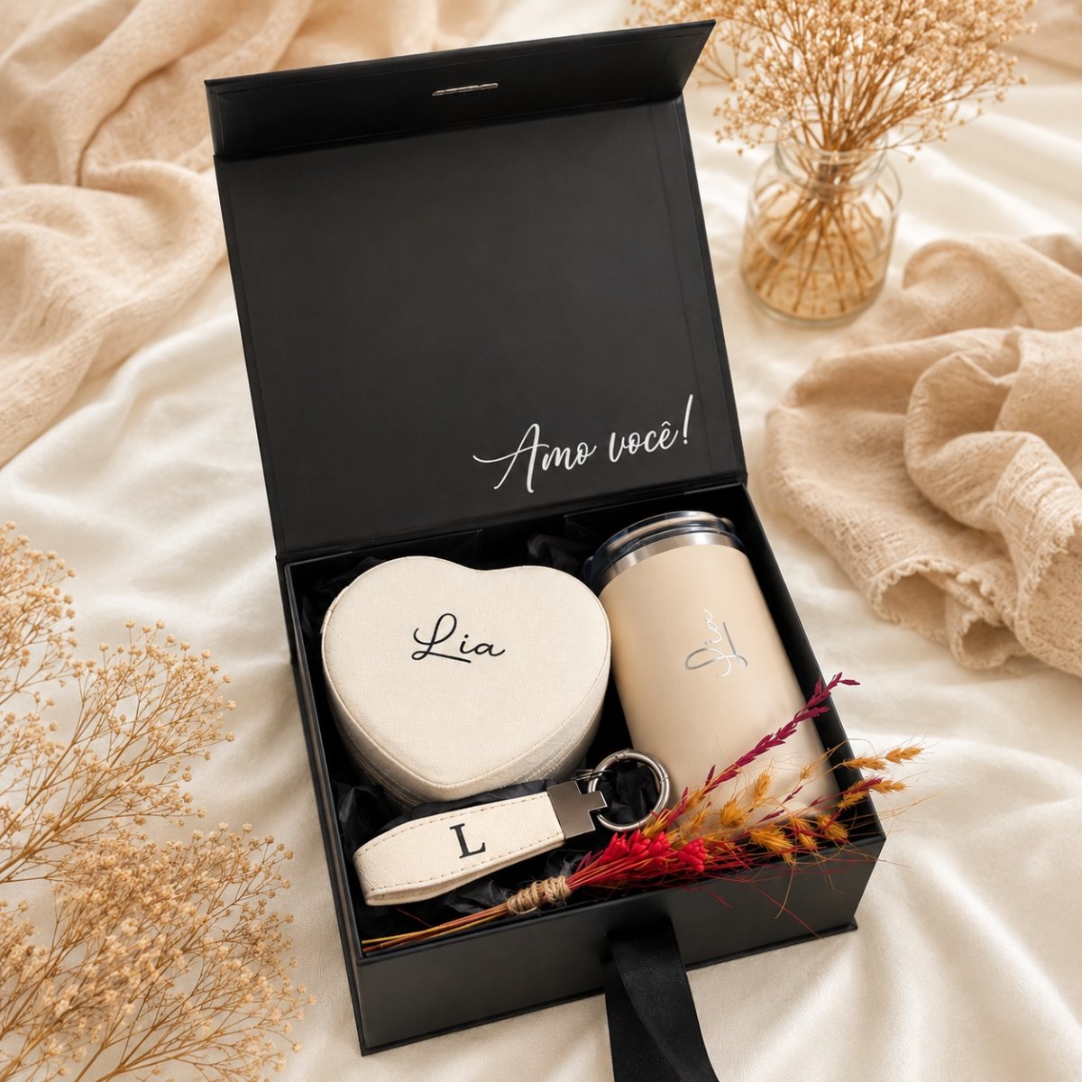 Kit Copo Térmico + Porta-Joias de Coração + Chaveiro