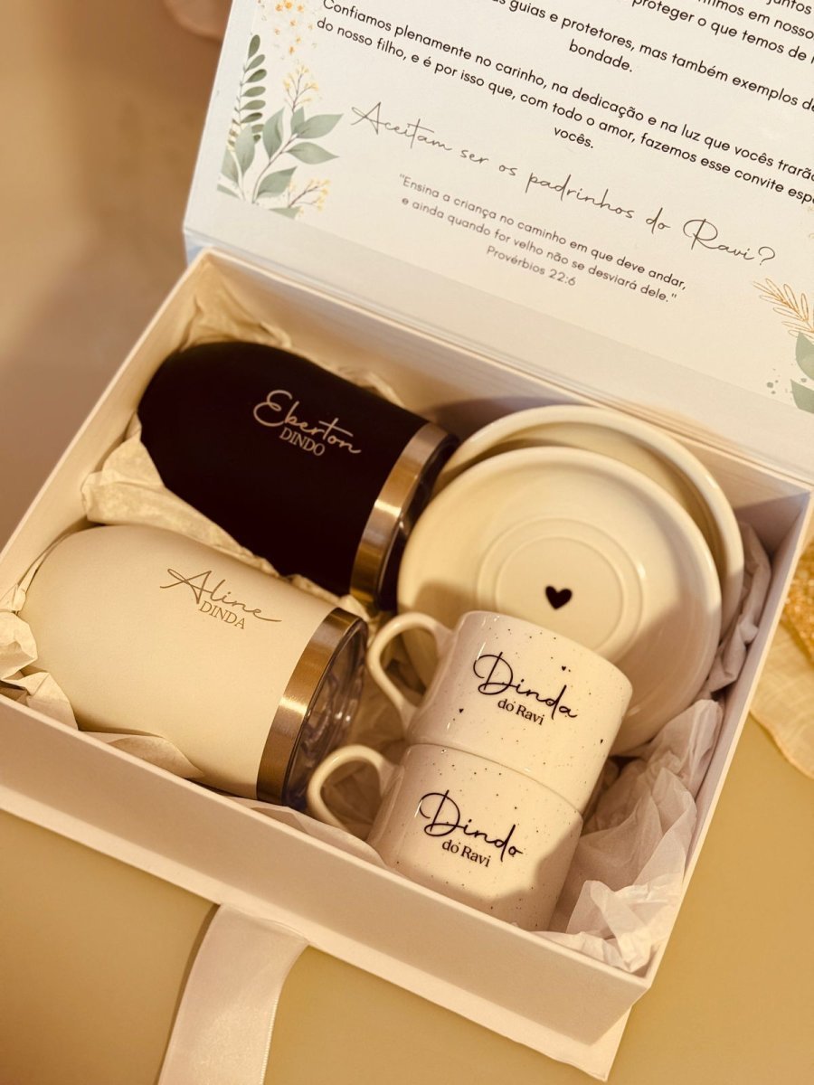 Kit Convite com Dois Copos Térmicos + Duas Xícaras com Pires